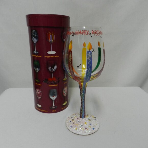 Lolita Happy Birthday Wine Glass Hand Painted Candles Recipe Bottom 15 oz w/ Box - Picture 4 of 11